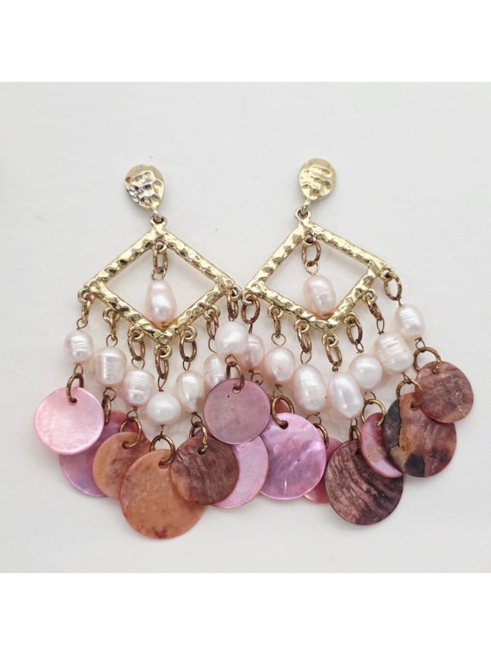Pink & Gold Chandelier Earrings With Freshwater Pearls & Shell Discs 3"